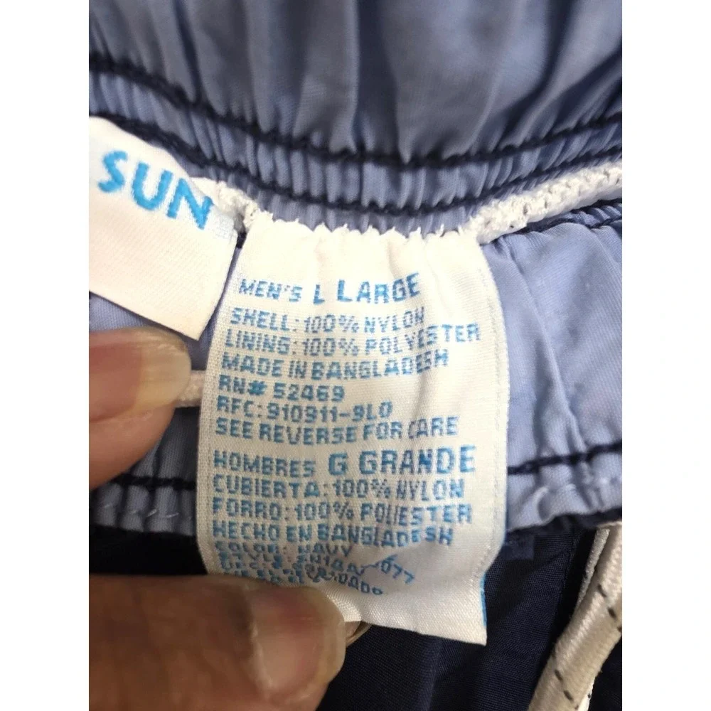 Vintage Sand N Sun Mens Swim Shorts Blue/Gray W/ White & Light Blue Stripes Elas